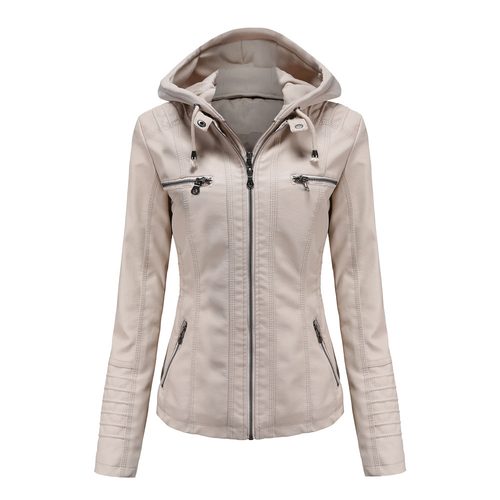 Women's Faux Leather Bomber Zip-Up Hooded Jacket