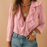 Feminine Ruffled Blouse – V-Neck & Long Sleeves for Women