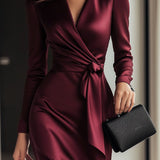 Elegant Burgundy Satin Wrap Dress with Waist Tie