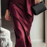 Elegant Burgundy Satin Wrap Dress with Waist Tie
