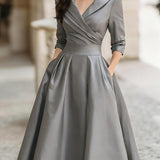 Satin Midi Dress for Women – Draped Collar Evening Elegance