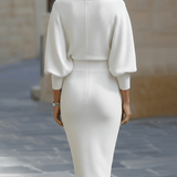 White Batwing Midi Dress with Sculpted Pencil Skirt