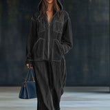 Women’s Loose Hooded Denim Jumpsuit – Long Sleeve & Zip Pocket