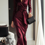 Elegant Burgundy Satin Wrap Dress with Waist Tie