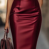 Burgundy Satin Sheath Dress for Women – Sleeveless & Sleek
