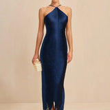 Elegant Satin Midi Dress with Cowl Neckline