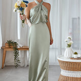 Chic Satin Halter Maxi Dress for Bridesmaids