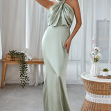 Chic Satin Halter Maxi Dress for Bridesmaids