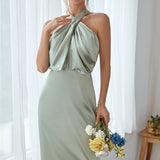 Chic Satin Halter Maxi Dress for Bridesmaids