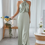 Chic Satin Halter Maxi Dress for Bridesmaids