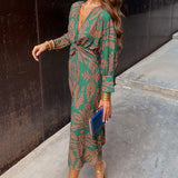 Long Sleeve Occasion Dress | V-Neck Midi with a Paisley Print