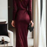 Elegant Burgundy Satin Wrap Dress with Waist Tie