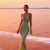 Elegant Green Halter Sequin Dress – Floor Length Evening Wear