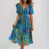 Elegant Dress with V-Neck & Flowing A-Line Skirt