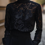 Floral Sheer Long Sleeve Top – Elegant High Neck Women’s Blouse