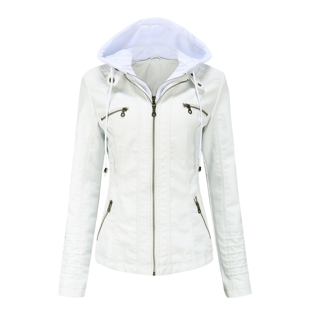 Women's Faux Leather Bomber Zip-Up Hooded Jacket