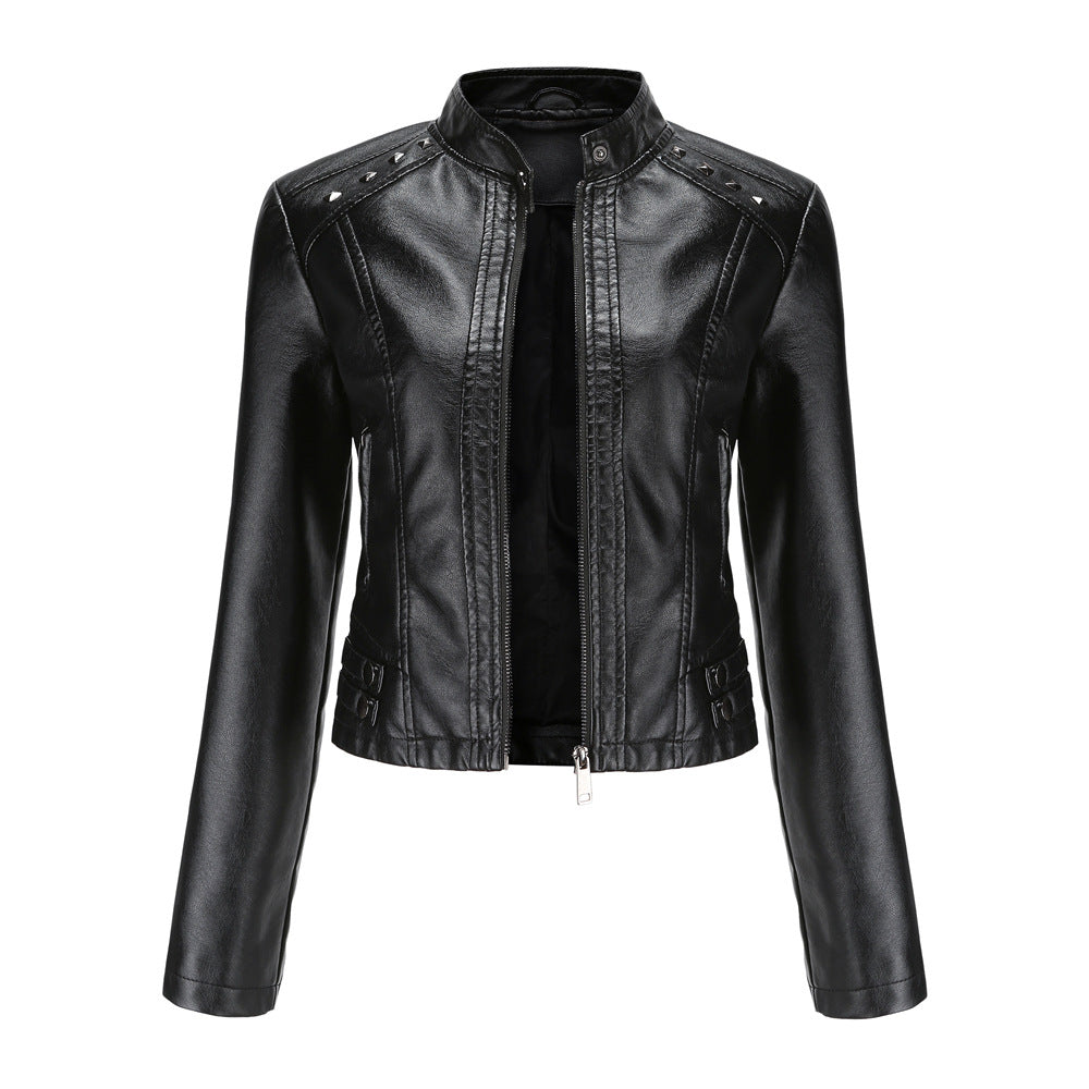 Cropped riveted leather motorcycle jacket