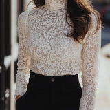 Floral Sheer Long Sleeve Top – Elegant High Neck Women’s Blouse