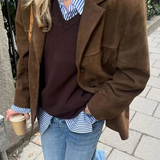 Autumn Brown Suede Trench | Oversized Coat with Wide Lapel Design