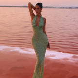 Elegant Green Halter Sequin Dress – Floor Length Evening Wear