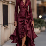 Satin Maxi Dress for Women – Chic Draped Wrap Evening Look