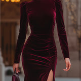 Burgundy Velvet Evening Gown for Women – High Neck, Thigh-High Slit