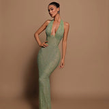 Elegant Green Halter Sequin Dress – Floor Length Evening Wear