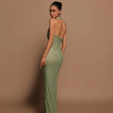 Elegant Green Halter Sequin Dress – Floor Length Evening Wear