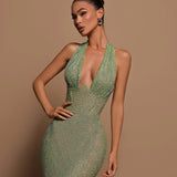 Elegant Green Halter Sequin Dress – Floor Length Evening Wear