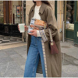 Women’s Khaki Green Long Trench Coat with Grid Lining