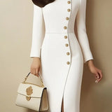 Fall Fashion Slim Dress – Stand Collar with Metal Button Detail