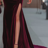 Burgundy Velvet Evening Gown for Women – High Neck, Thigh-High Slit