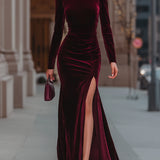 Burgundy Velvet Evening Gown for Women – High Neck, Thigh-High Slit