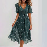 Elegant Dress with V-Neck & Flowing A-Line Skirt