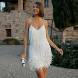 Fringe Feather Mini Dress with Spaghetti Straps and V Neck
