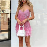 Fringe Feather Mini Dress with Spaghetti Straps and V Neck