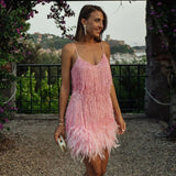 Fringe Feather Mini Dress with Spaghetti Straps and V Neck