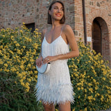 Fringe Feather Mini Dress with Spaghetti Straps and V Neck