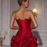 Red Strapless Corset Mini Dress with Ruffled Satin Skirt