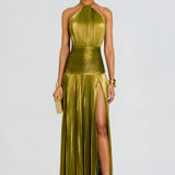 Elegant Gold Maxi Dress for Women – Halter Neck Evening Gown