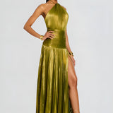 Elegant Gold Maxi Dress for Women – Halter Neck Evening Gown