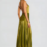 Elegant Gold Maxi Dress for Women – Halter Neck Evening Gown