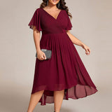 Plus Size Wedding Guest Dress | V-Neck Chiffon High-Low