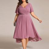 Plus Size Wedding Guest Dress | V-Neck Chiffon High-Low