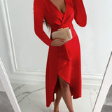 Women's V‑Neck Midi Dress with Elegant Front Slit