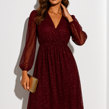Glitter Long Sleeve Mini Dress with V Neck and Elastic Waist