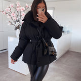 Black Belted Puffer Jacket with High Collar and Side Pockets