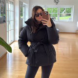 Black Belted Puffer Jacket with High Collar and Side Pockets