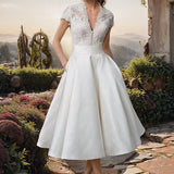 Women’s White V-Neck Short Sleeve Midi Wedding Dress