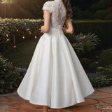 Women’s White V-Neck Short Sleeve Midi Wedding Dress